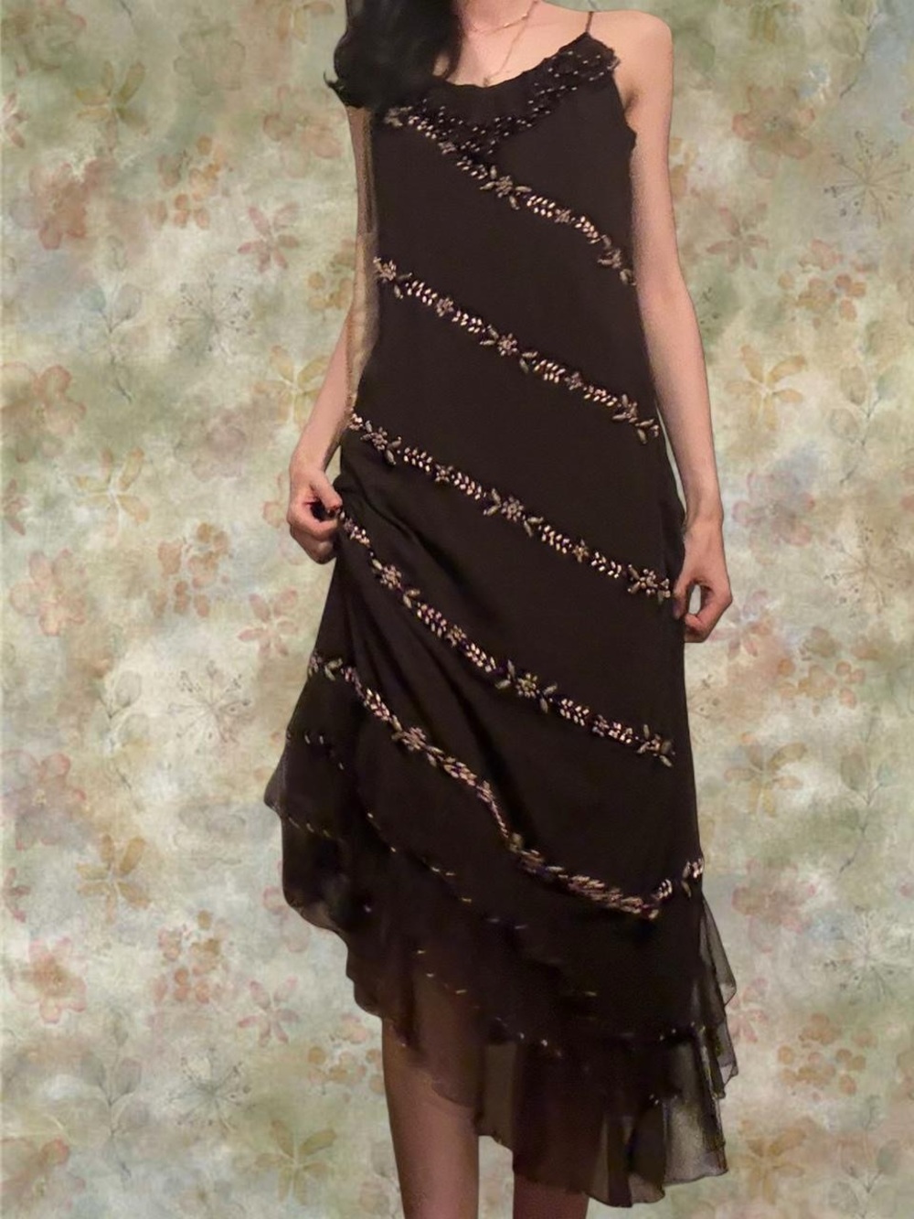 Vintage Y2K Brown Beaded Asymmetrical Maxi Dress